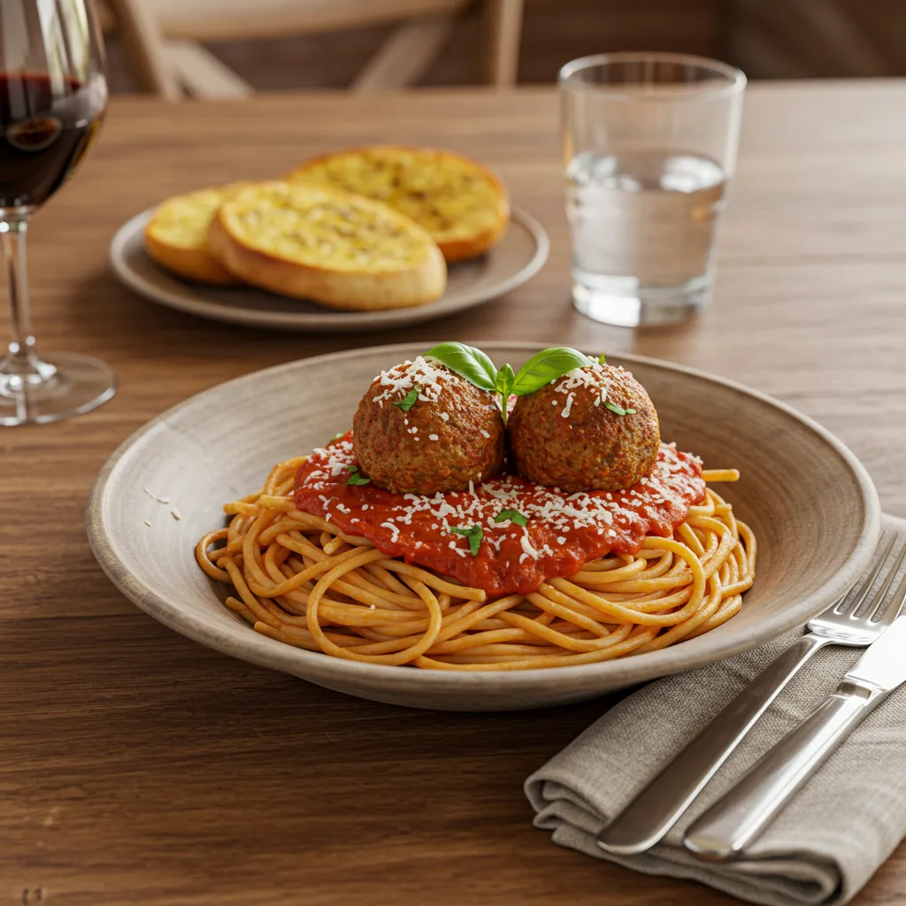 A plated serving of spaghetti and meatballs topped with marinara sauce, Parmesan cheese, and fresh basil, ready to be enjoyed.