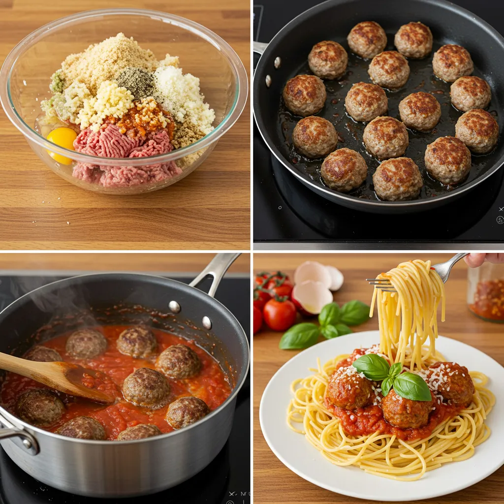 Step-by-step process of making a spaghetti and meatballs recipe, from mixing ingredients to