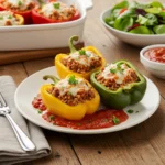 A plate of Costco stuffed bell peppers filled with seasoned beef, rice, and melted cheese, garnished with fresh parsley.