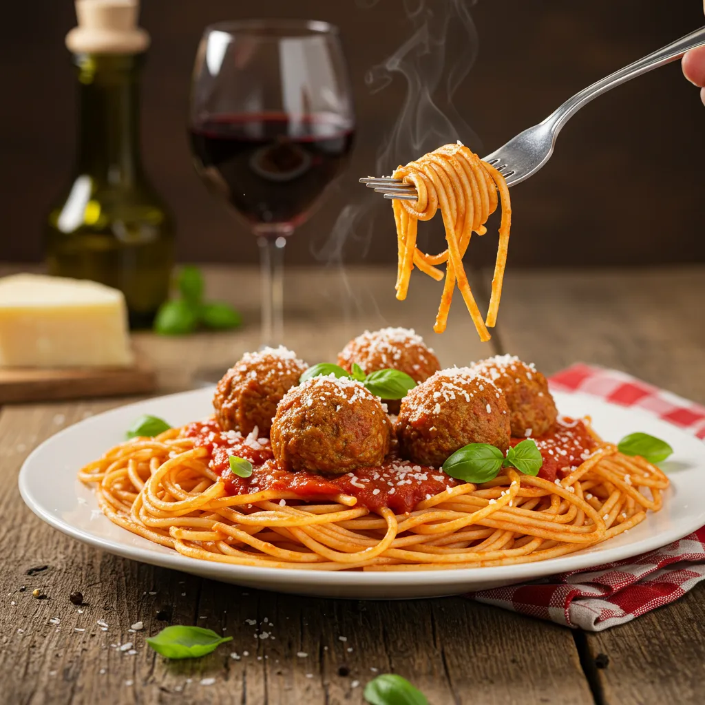 A plate of spaghetti and meatballs topped with marinara sauce, Parmesan cheese, and fresh basil.