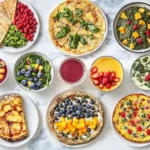 A vibrant display of 10 trending breakfast recipes, including baked oatmeal, smoothies, quiche, and more, arranged on a white marble surface.
