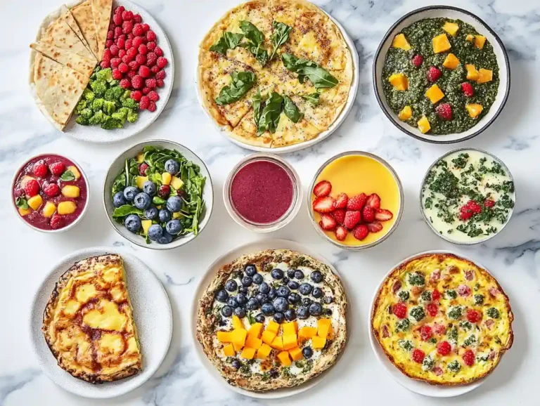 A vibrant display of 10 trending breakfast recipes, including baked oatmeal, smoothies, quiche, and more, arranged on a white marble surface.