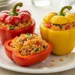 Stuffed bell peppers in air fryer basket, topped with melted cheese.
