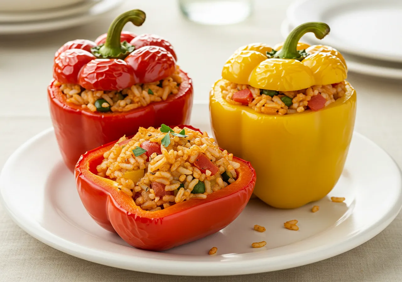 Stuffed bell peppers in air fryer basket, topped with melted cheese.