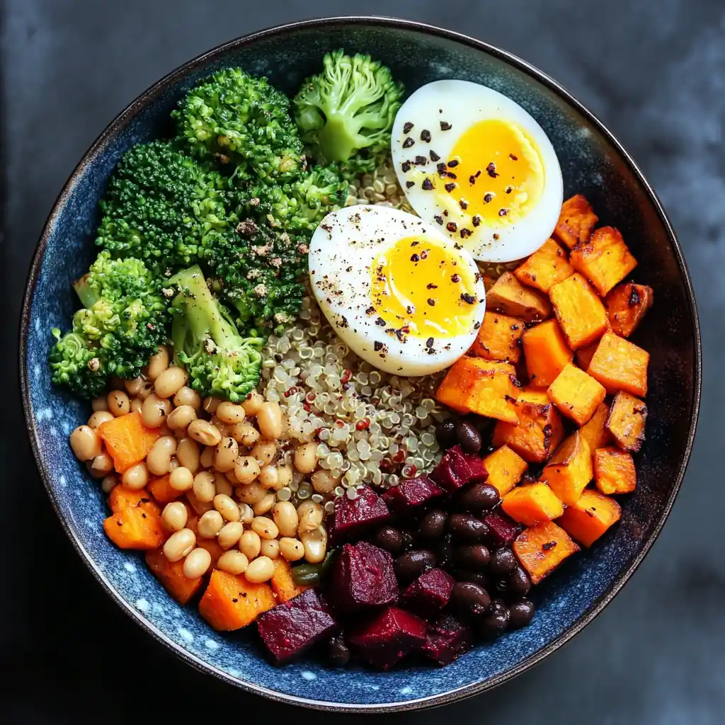 A colorful Anti-Inflammatory Breakfast Bowl topped with turmeric, chia seeds, avocado, berries, and nuts.