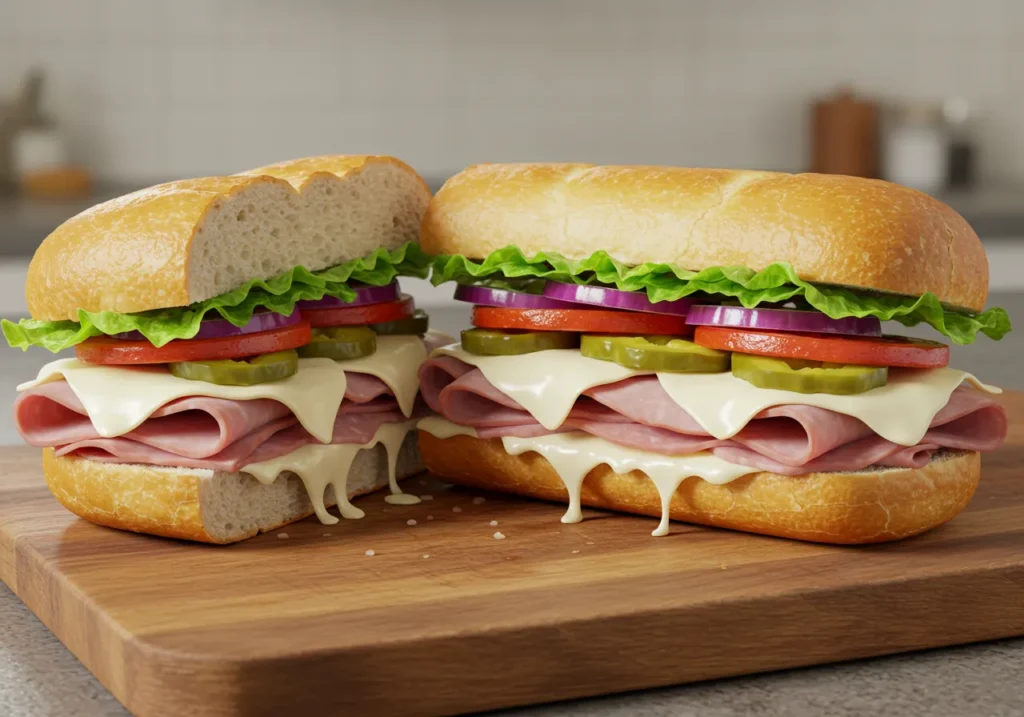 Freshly baked Italian sub sandwich with melted cheese and deli meats.
