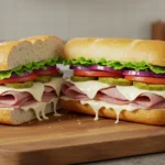 Freshly baked Italian sub sandwich with melted cheese and deli meats.