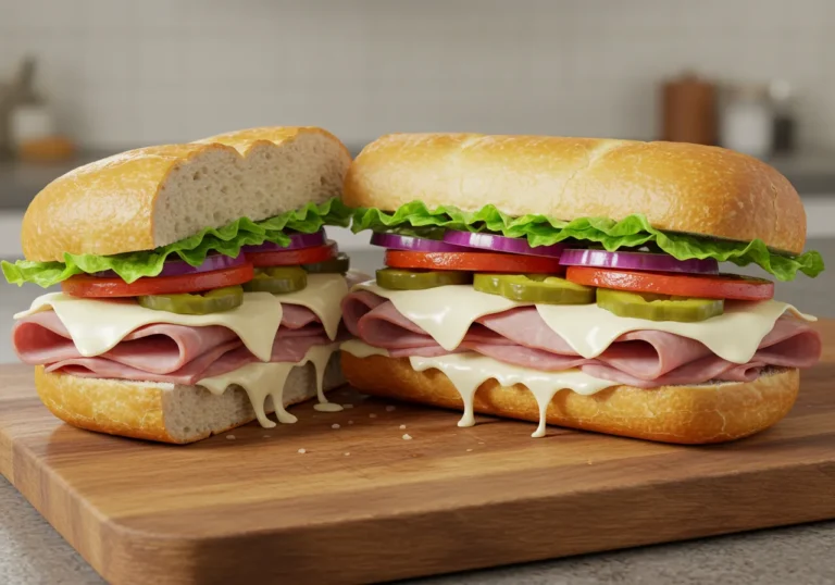 Freshly baked Italian sub sandwich with melted cheese and deli meats.