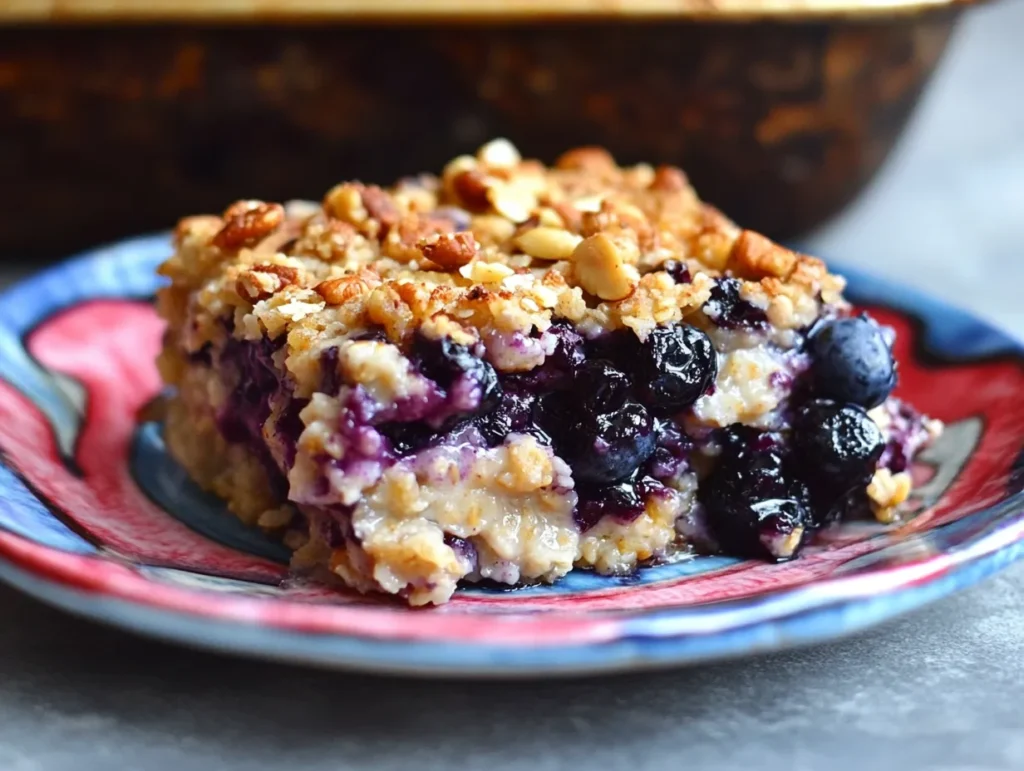 A square serving of Blueberry-Coconut-Walnut Baked Oatmeal on a white plate, topped with fresh blueberries, coconut flakes, and walnuts.