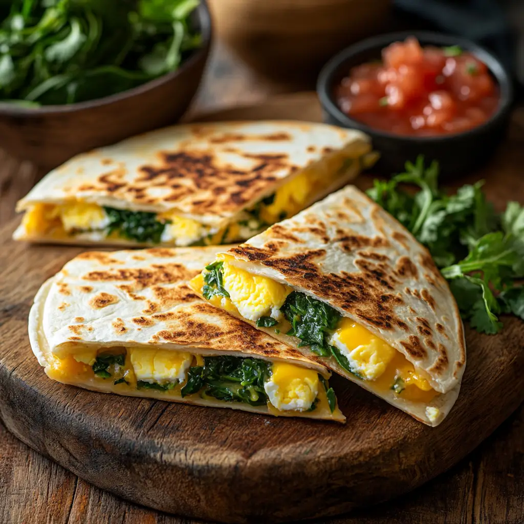 A golden Cheesy Egg Quesadilla with Spinach, sliced into wedges and served with salsa on a wooden board