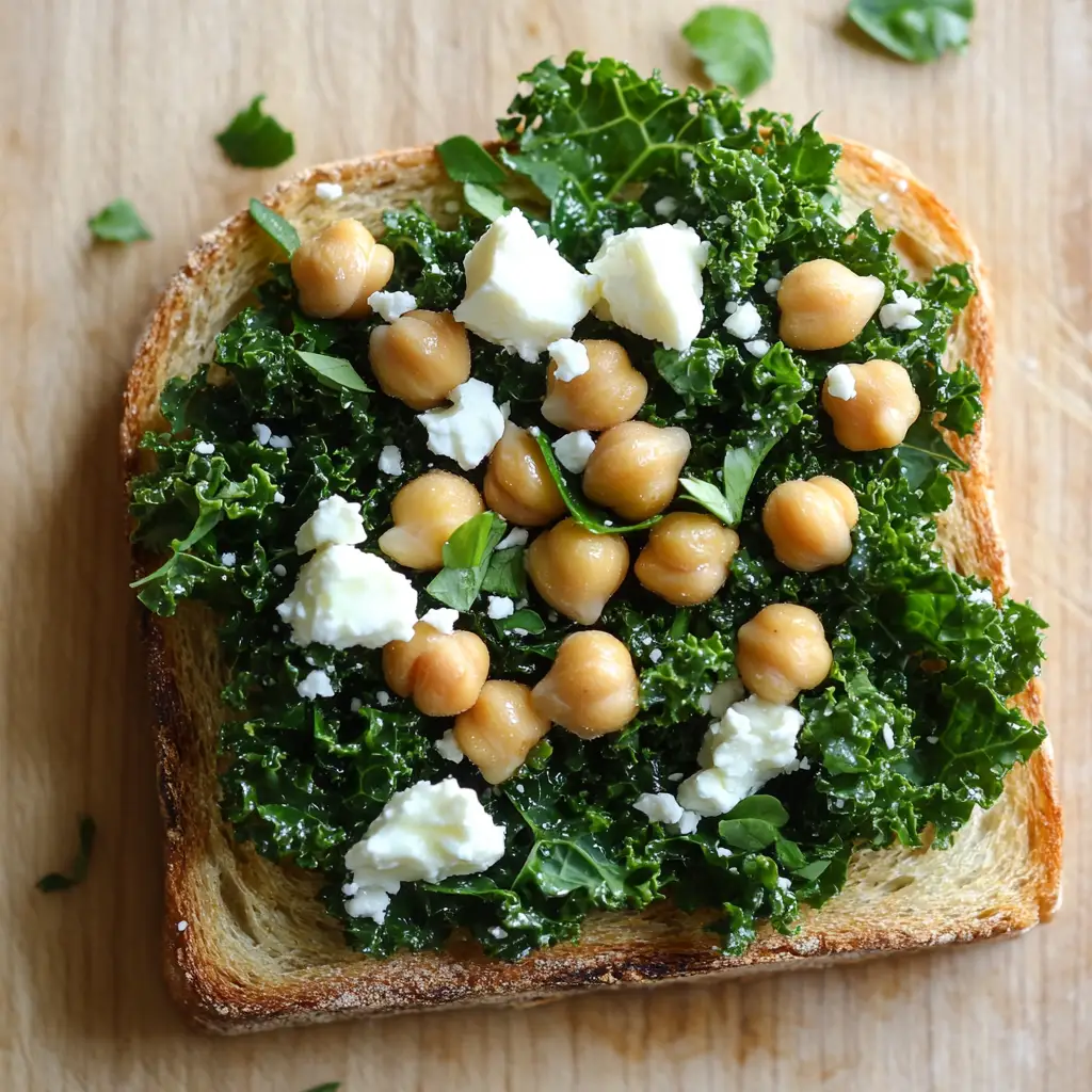 A hearty Chickpea & Kale Toast, served on whole-grain toast, topped with chickpeas, kale, and a sprinkle of herbs.