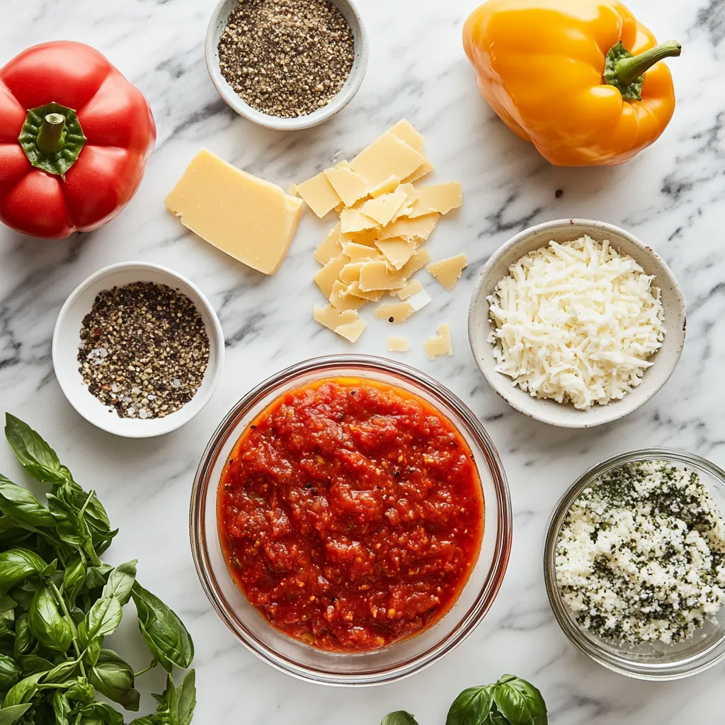 Ingredients for a Costco Stuffed Peppers recipe neatly arranged on a countertop.
