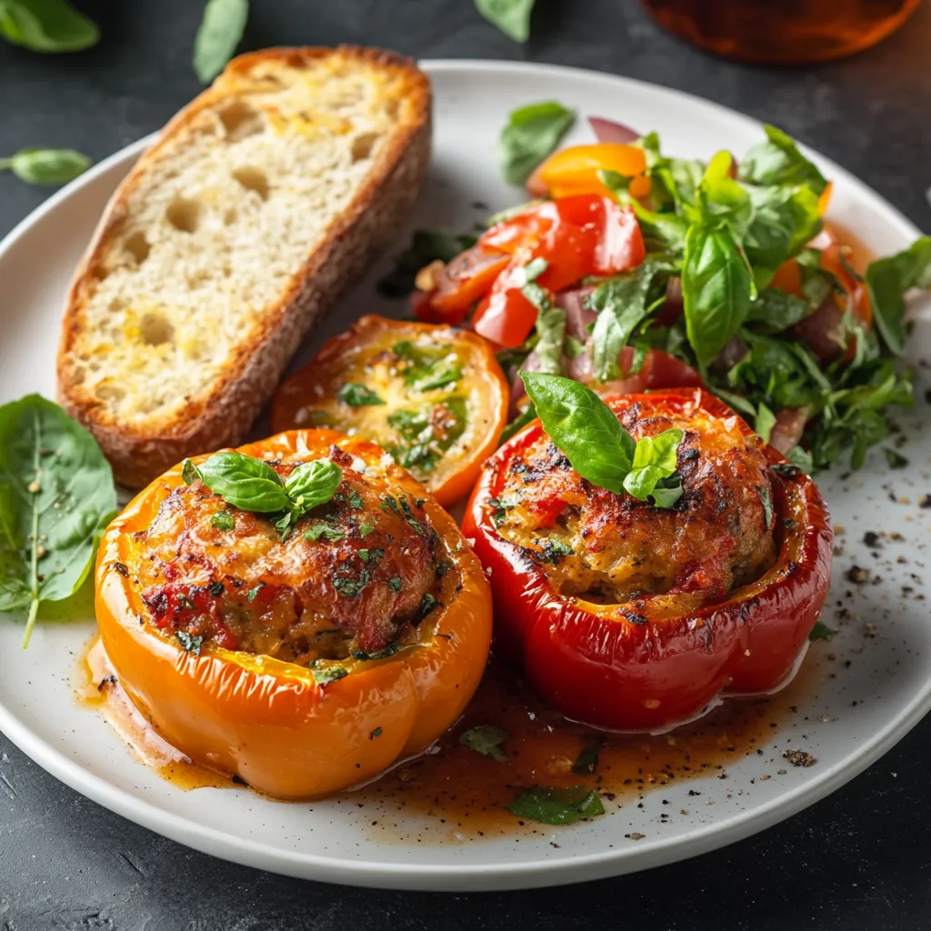 A serving of Costco stuffed peppers with a side salad and garlic bread.