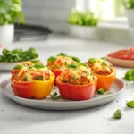 A close-up of Costco stuffed peppers plated with fresh basil.