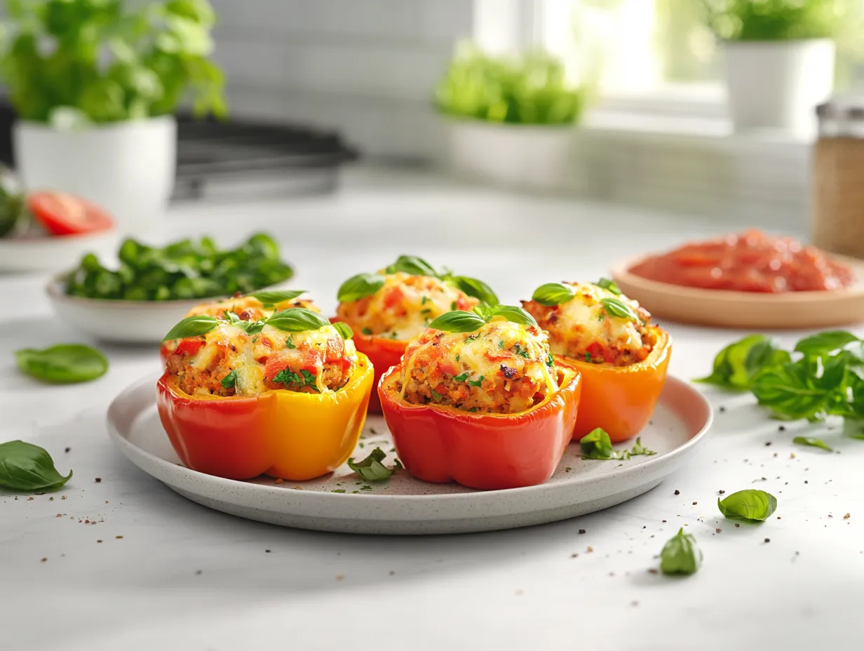 A close-up of Costco stuffed peppers plated with fresh basil.