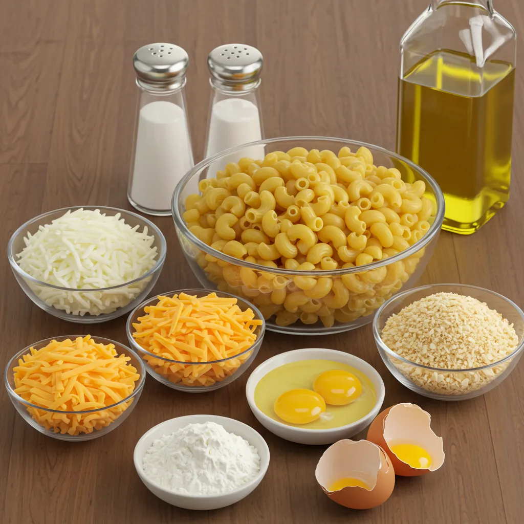 A rustic arrangement of key ingredients for fried mac and cheese balls, including macaroni, cheddar, mozzarella, eggs, flour, breadcrumbs, and oil.