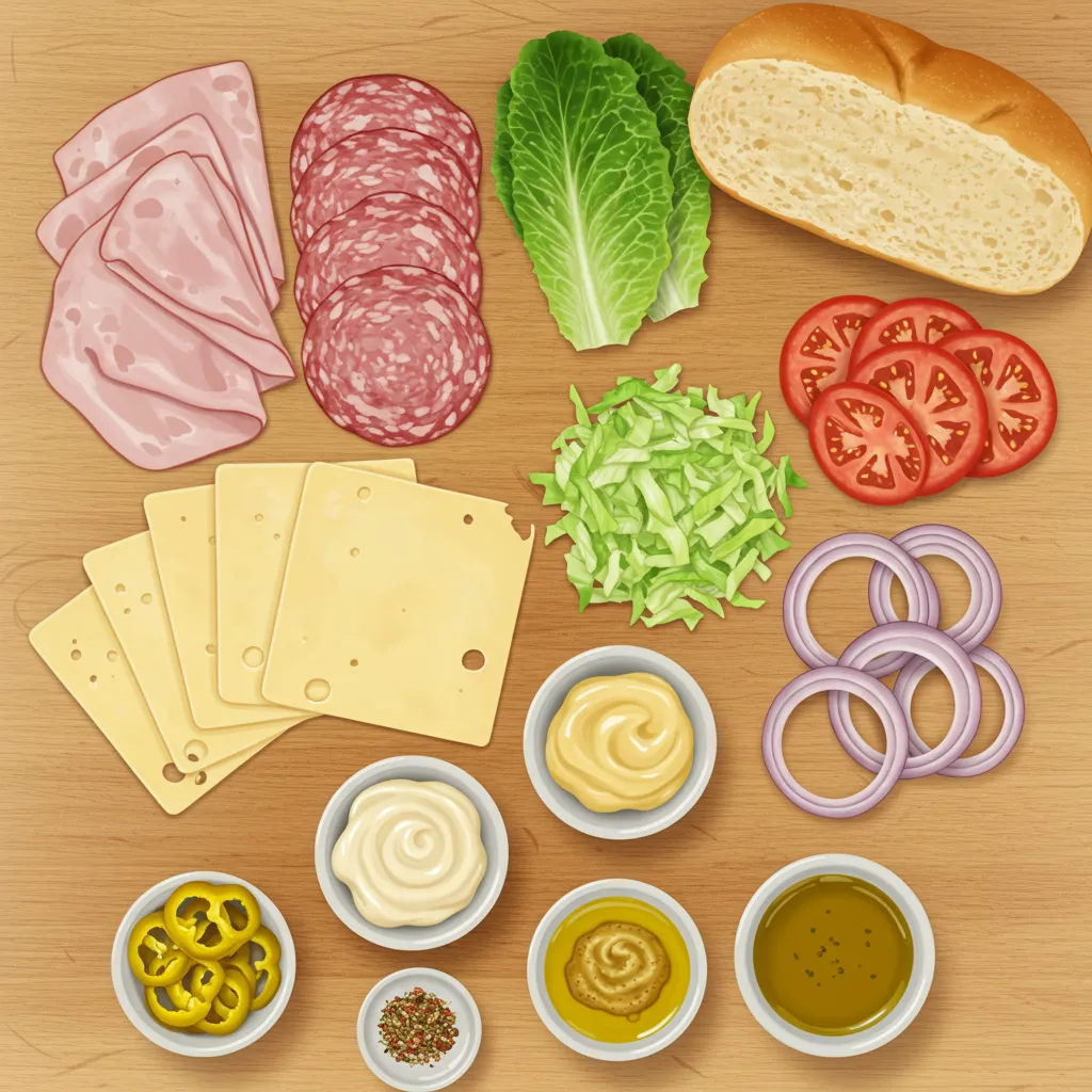 Ingredients for baked Italian sub including deli meats, provolone, vegetables, and condiments.