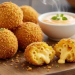 A close-up view of golden, crispy fried mac and cheese balls arranged on a rustic plate with a small bowl of tangy dipping sauce in the background.