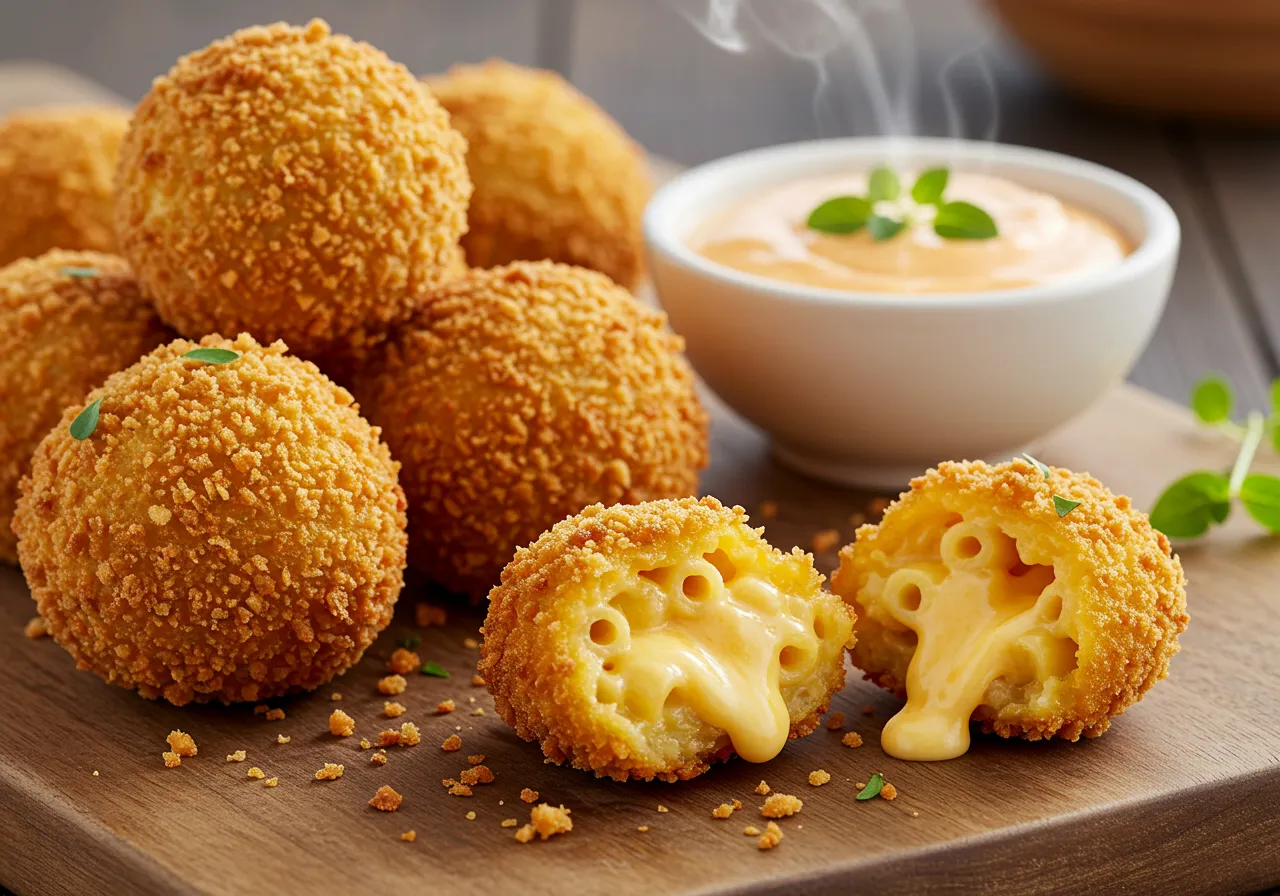 A close-up view of golden, crispy fried mac and cheese balls arranged on a rustic plate with a small bowl of tangy dipping sauce in the background.