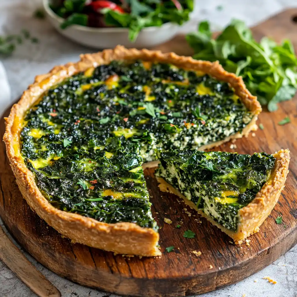 A slice of Get Your Greens Quiche, filled with spinach and kale, on a wooden cutting board with a side of mixed greens.