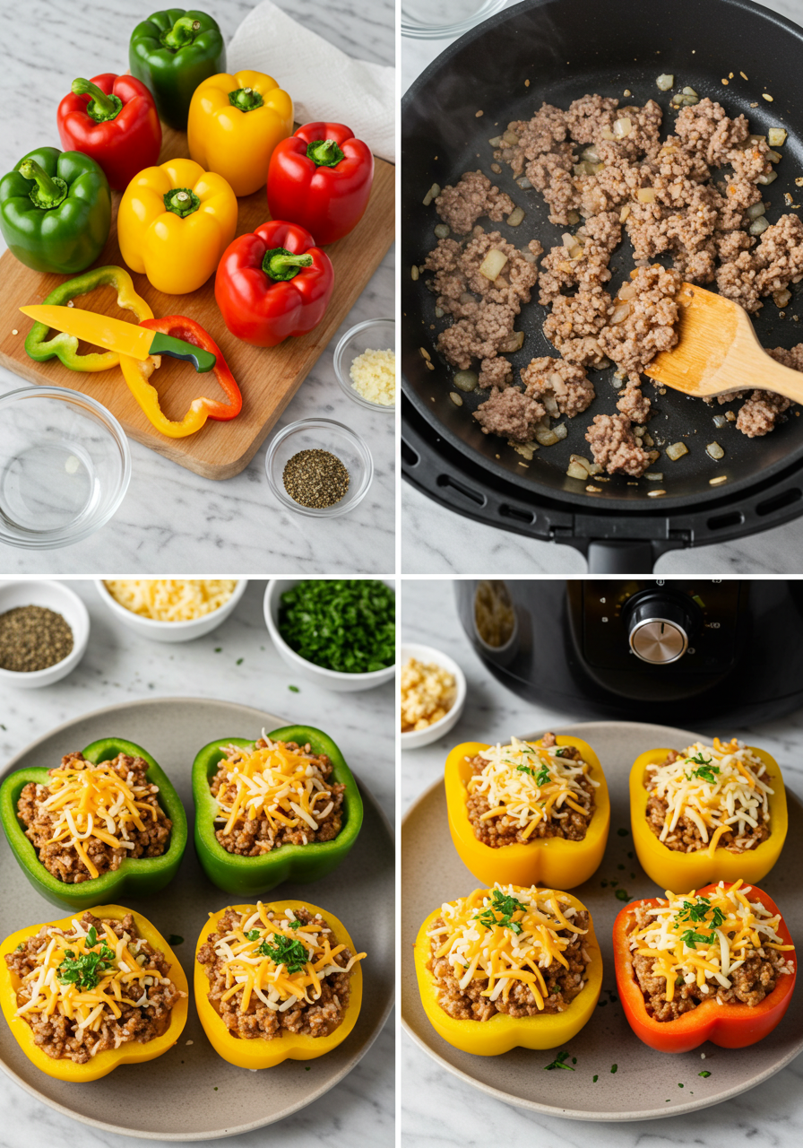 Step-by-step process of making air fryer stuffed bell peppers, from prep to cooking.