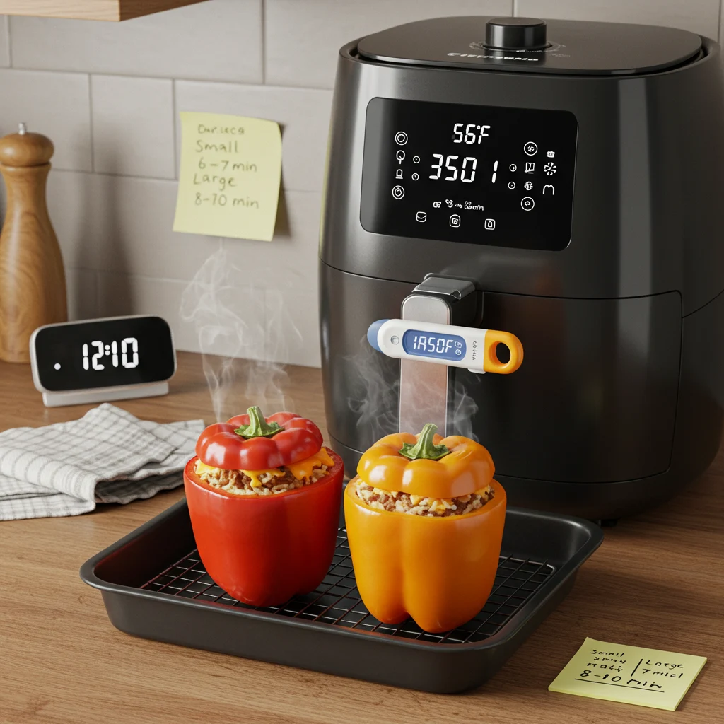 Air fryer at 350°F reheating stuffed peppers with internal thermometer at 165°F.