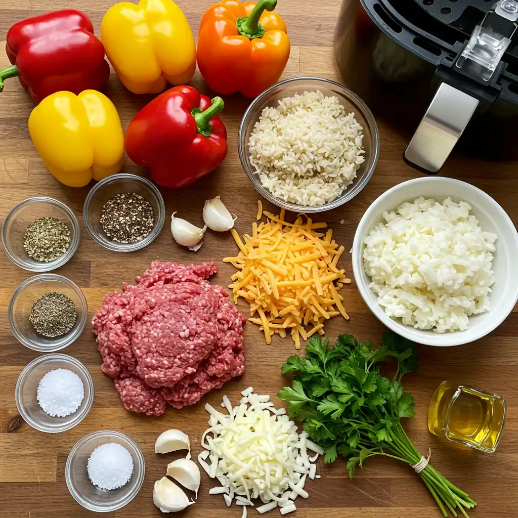 Fresh ingredients for air fryer stuffed bell peppers on a kitchen counter.