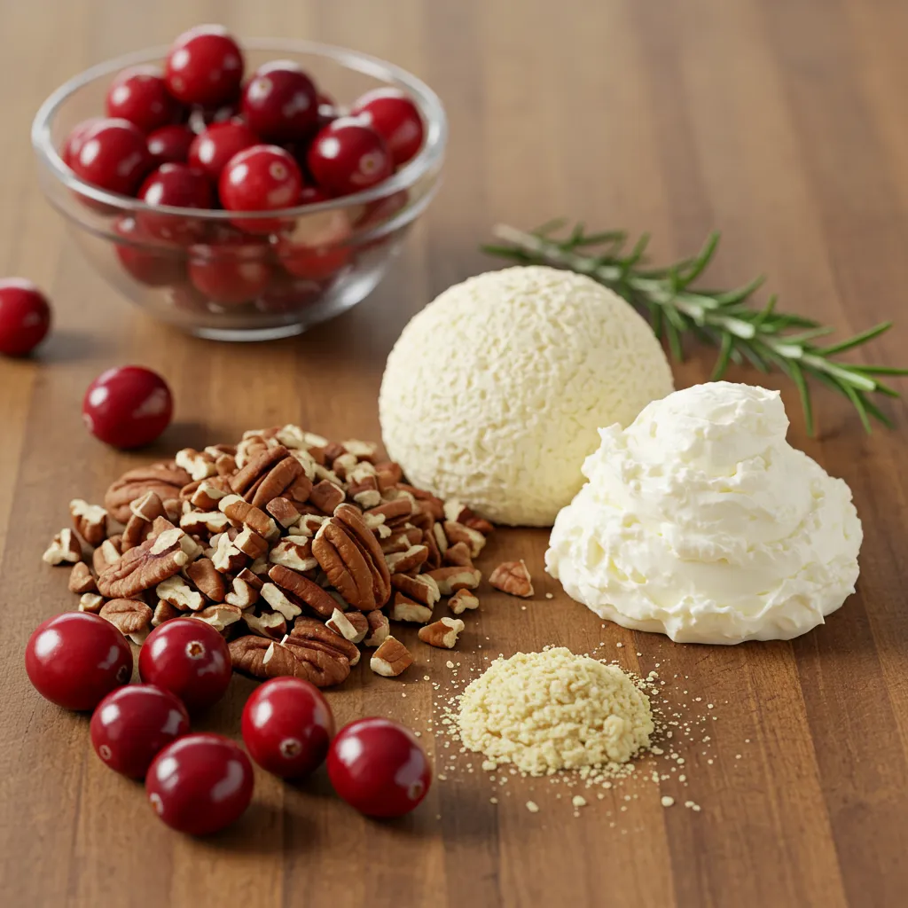 Fresh ingredients for cranberry pecan cheese ball on a wooden surface.