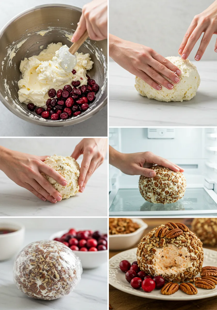 Step-by-step instructions for cranberry pecan cheese ball.