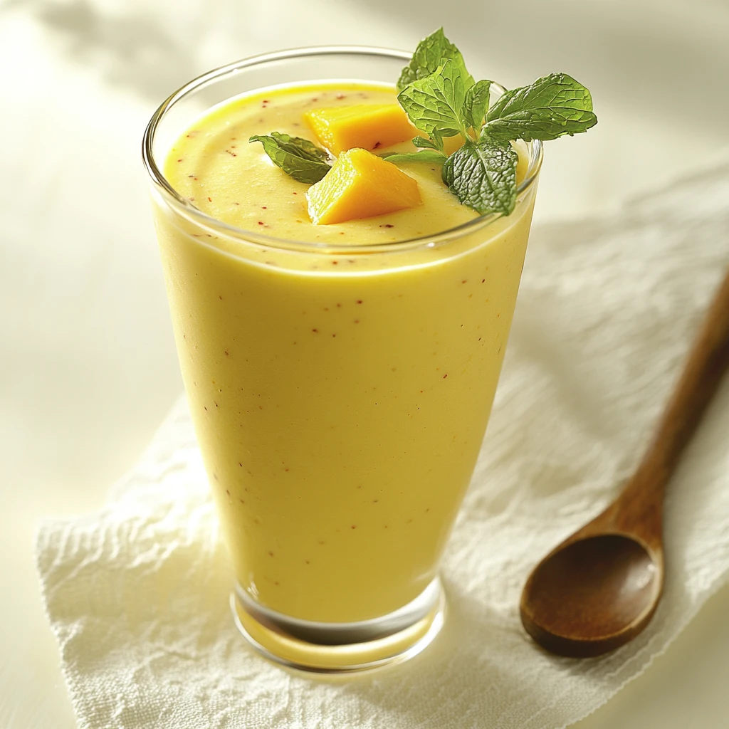 A refreshing No-Added-Sugar Mango Lassi Smoothie garnished with fresh mango slices and mint, served in a clear glass.