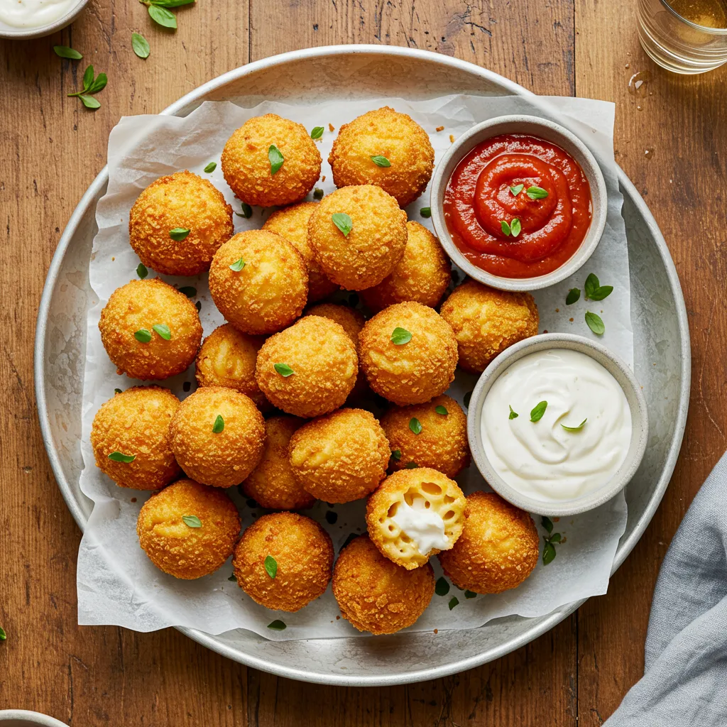Overhead view of a serving platter featuring golden fried mac and cheese balls with tangy dipping sauces on a rustic table.
