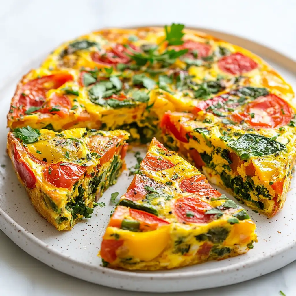 A vibrant Rainbow Frittata with colorful vegetables like bell peppers and spinach, sliced into wedges on a white plate.