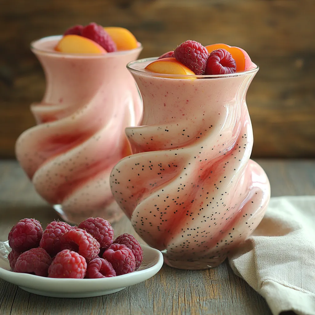 A vibrant Raspberry-Peach Chia Seed Smoothie, served in a clear glass, garnished with raspberries, peaches, and chia seeds.