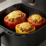 Stuffed bell peppers being reheated in an air fryer basket.