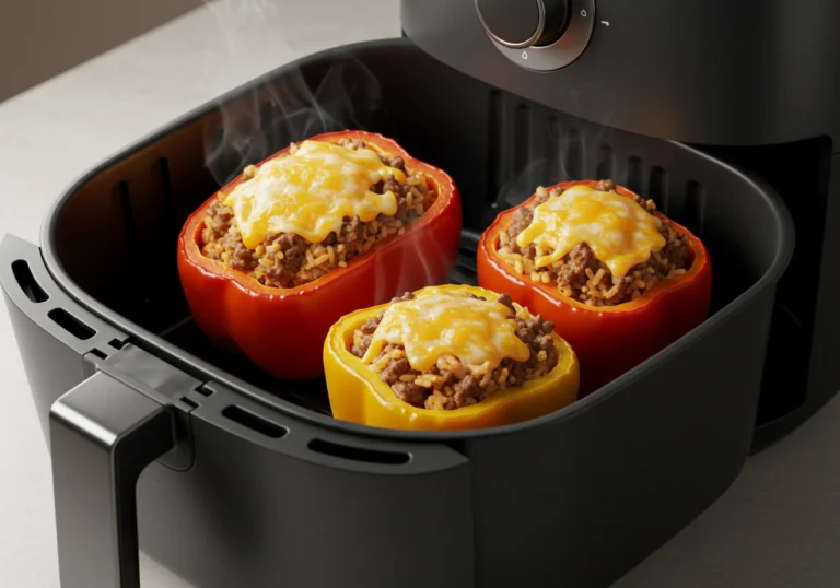 Stuffed bell peppers being reheated in an air fryer basket.