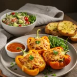 Plated air fryer stuffed bell peppers served with salad and garlic bread.