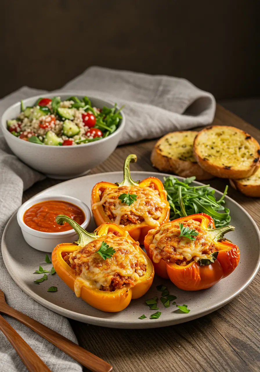 Plated air fryer stuffed bell peppers served with salad and garlic bread.