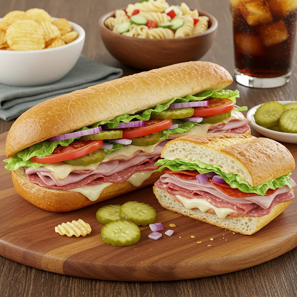 Baked Italian sub sandwich served with chips and pasta salad on a rustic plate.
