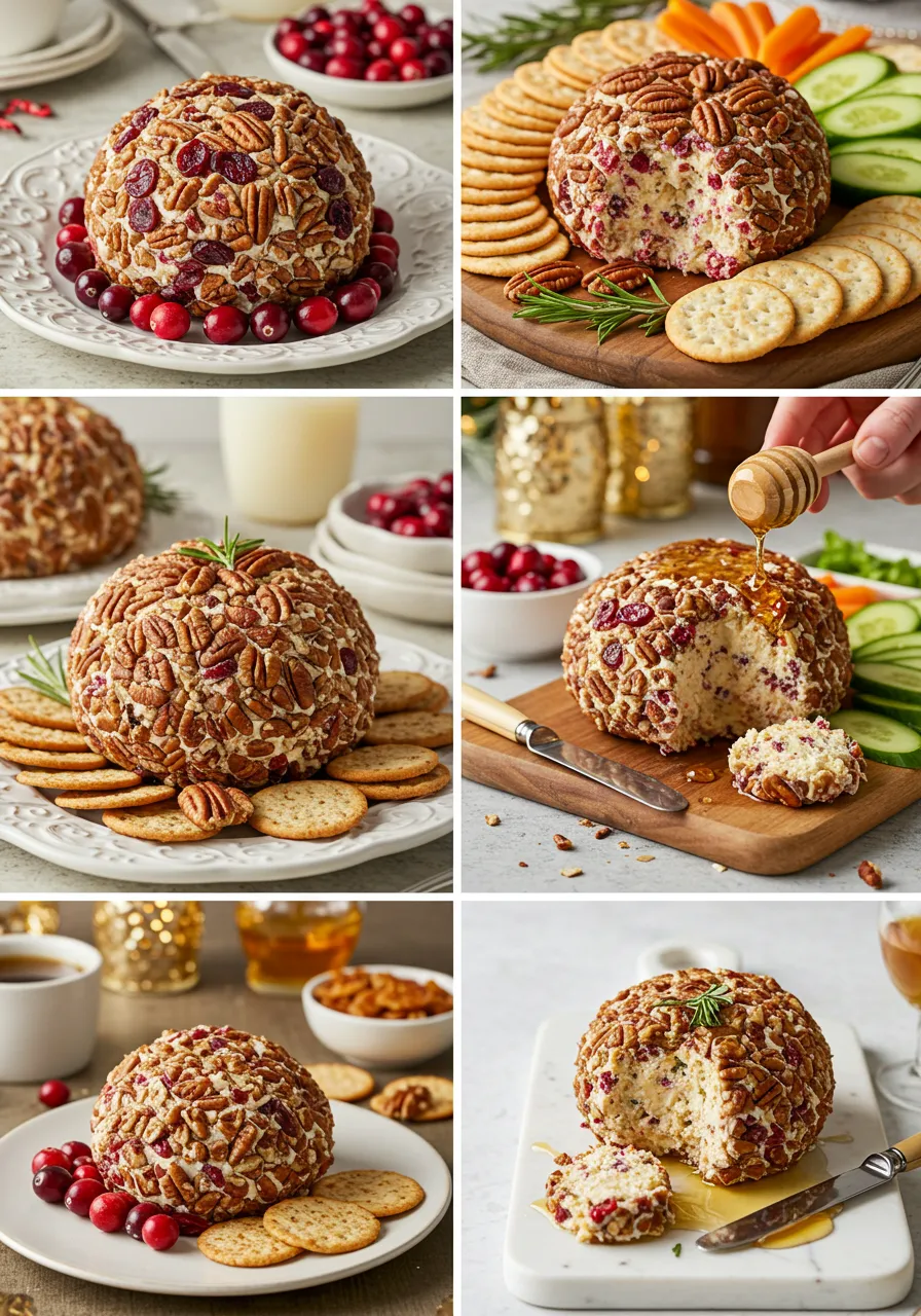 Serving suggestions for cranberry pecan cheese ball on a decorative platter.