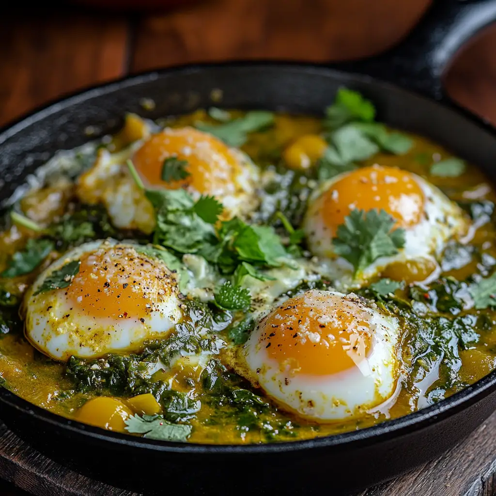 A hearty Skillet Eggs with Tomatillos & Spinach, served in a cast-iron skillet, garnished with cilantro and cheese.
