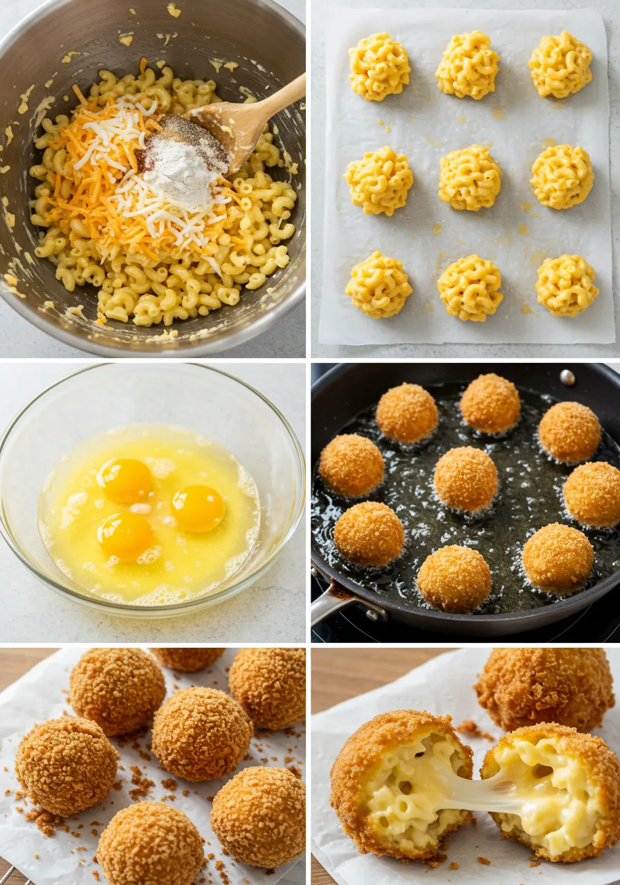 A multi-panel collage detailing each step in creating golden, crispy fried mac and cheese balls.