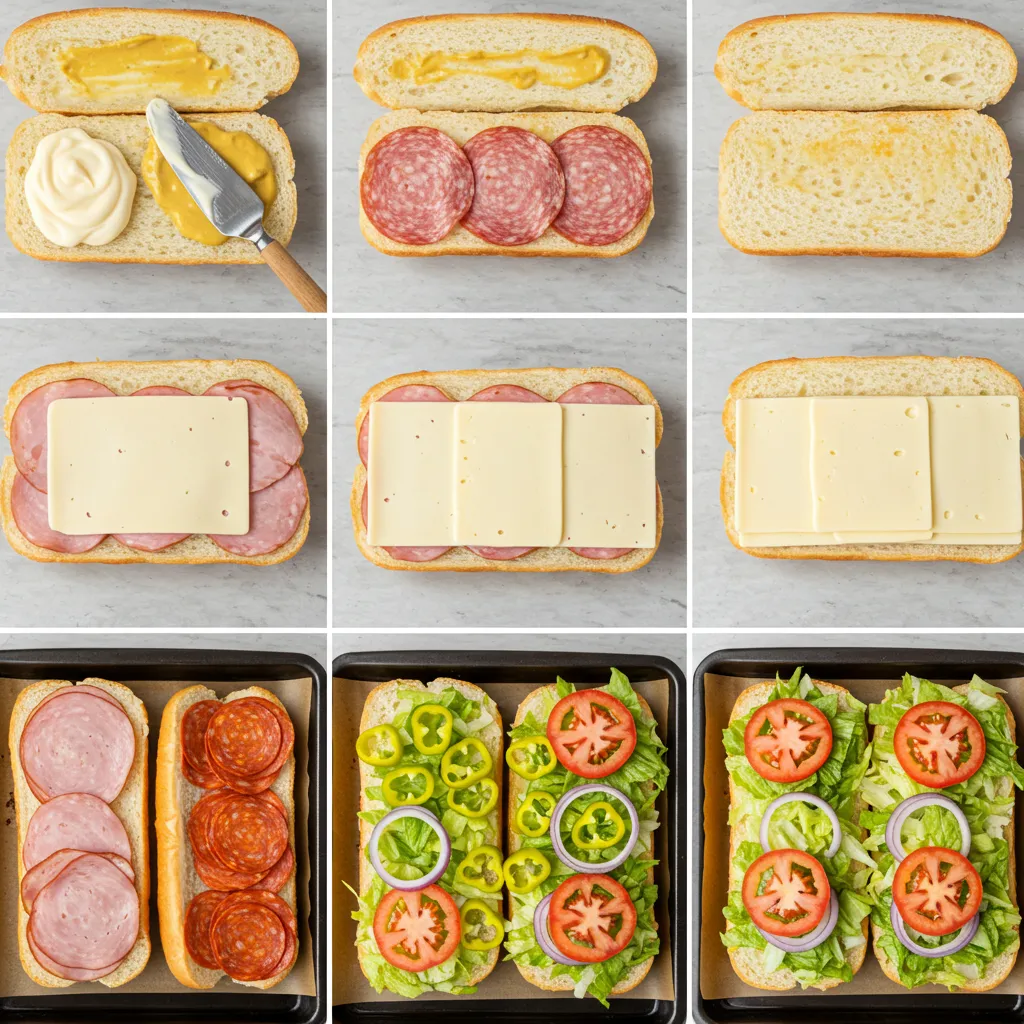 Step-by-step preparation of baked Italian sub showing layering of meats, cheese, and toppings.
