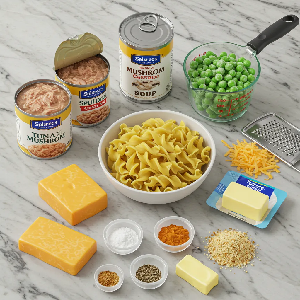 Ingredients for Tuna Noodle Casserole arranged on a marble countertop including tuna, noodles, cream of mushroom soup, peas, cheddar cheese, breadcrumbs, and spices.