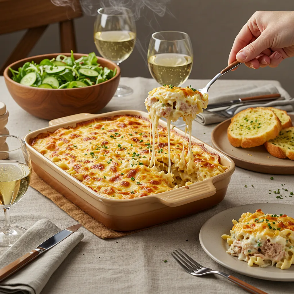 Served portion of Tuna Noodle Casserole on a plate with salad and bread, set on a cozy, family-style dinner table.