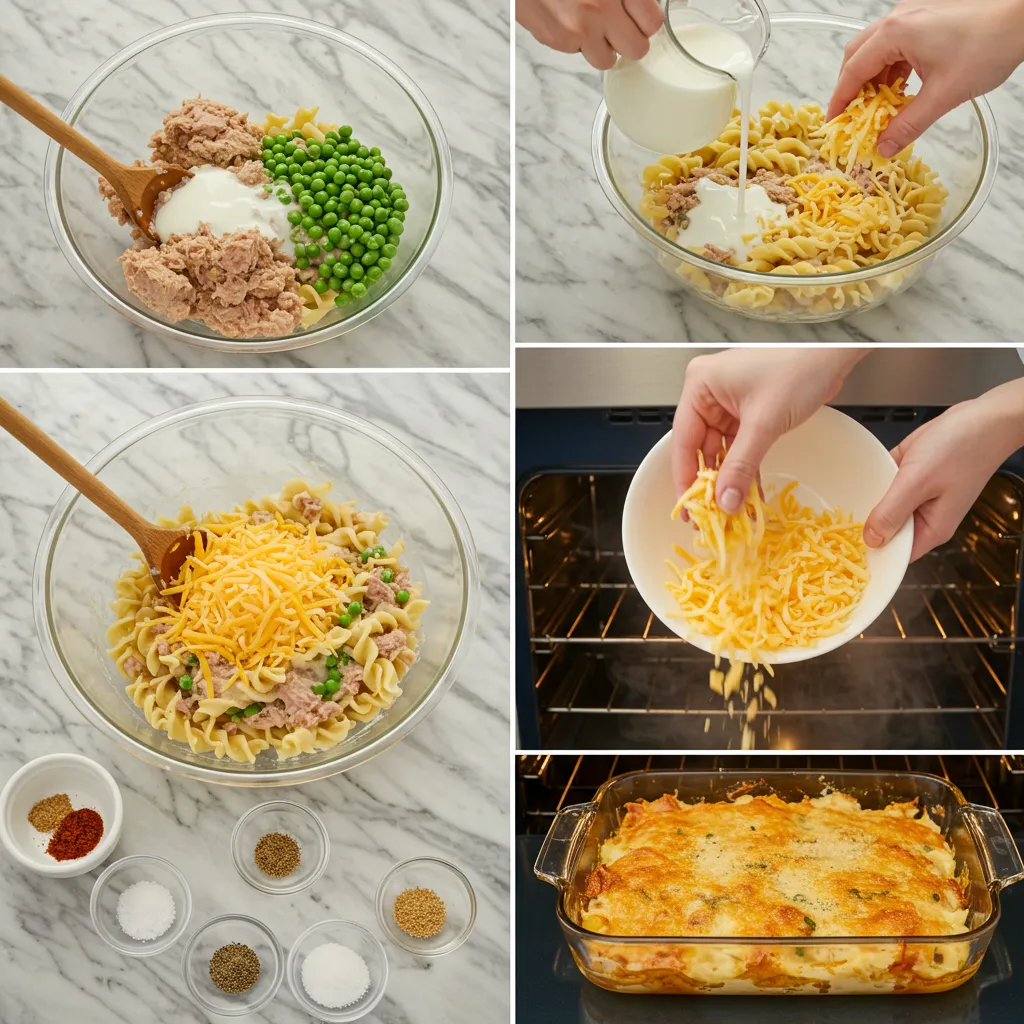 Step-by-step preparation of Tuna Noodle Casserole showing mixing, layering, and baking in a cozy kitchen setting