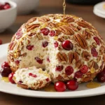 A realistic image of a cranberry pecan cheese ball on a white platter with fresh cranberries and toasted pecans.