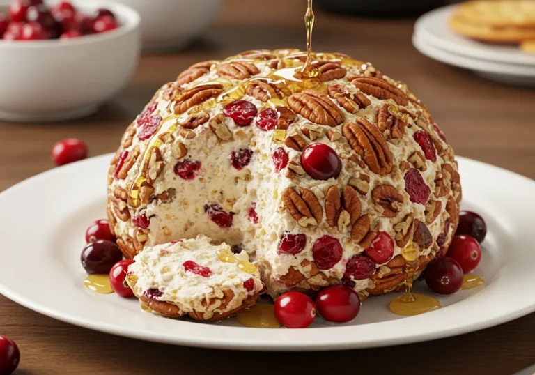 A realistic image of a cranberry pecan cheese ball on a white platter with fresh cranberries and toasted pecans.