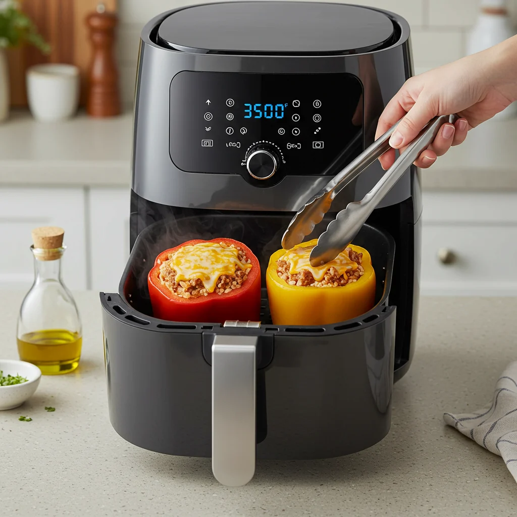 Placing stuffed peppers in an air fryer basket set to 350°F.