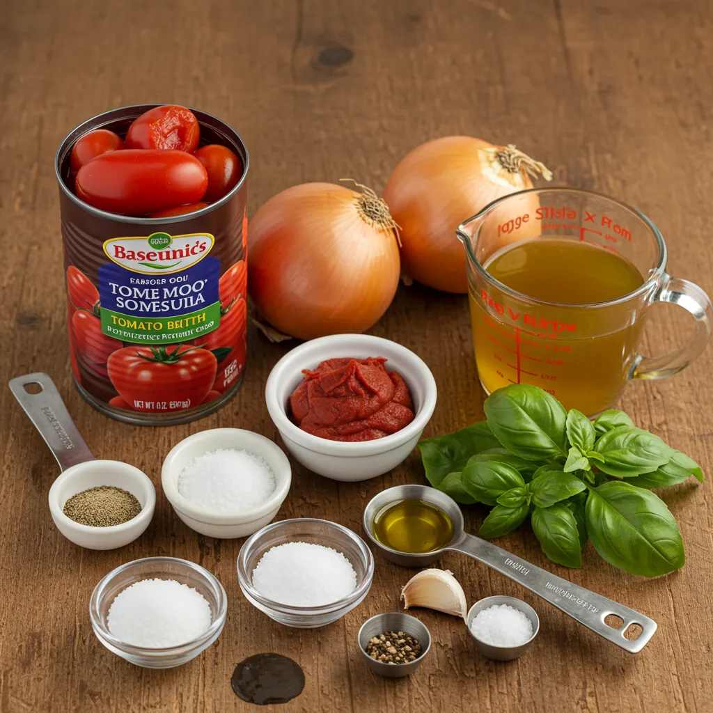Canned tomatoes, onions, garlic, tomato paste, broth, salt, and basil arranged for Easy Tomato Soup.
