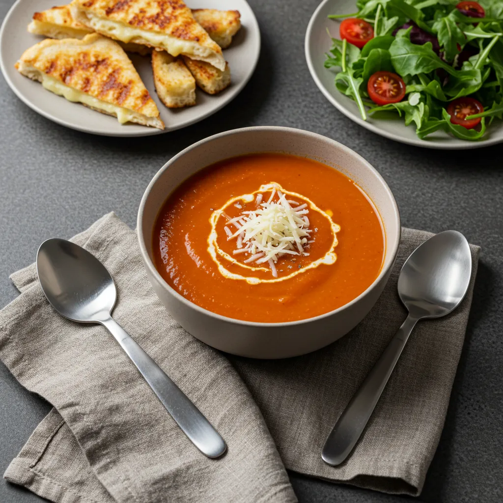 A comforting bowl of Easy Tomato Soup topped with basil and served alongside toasted bread.